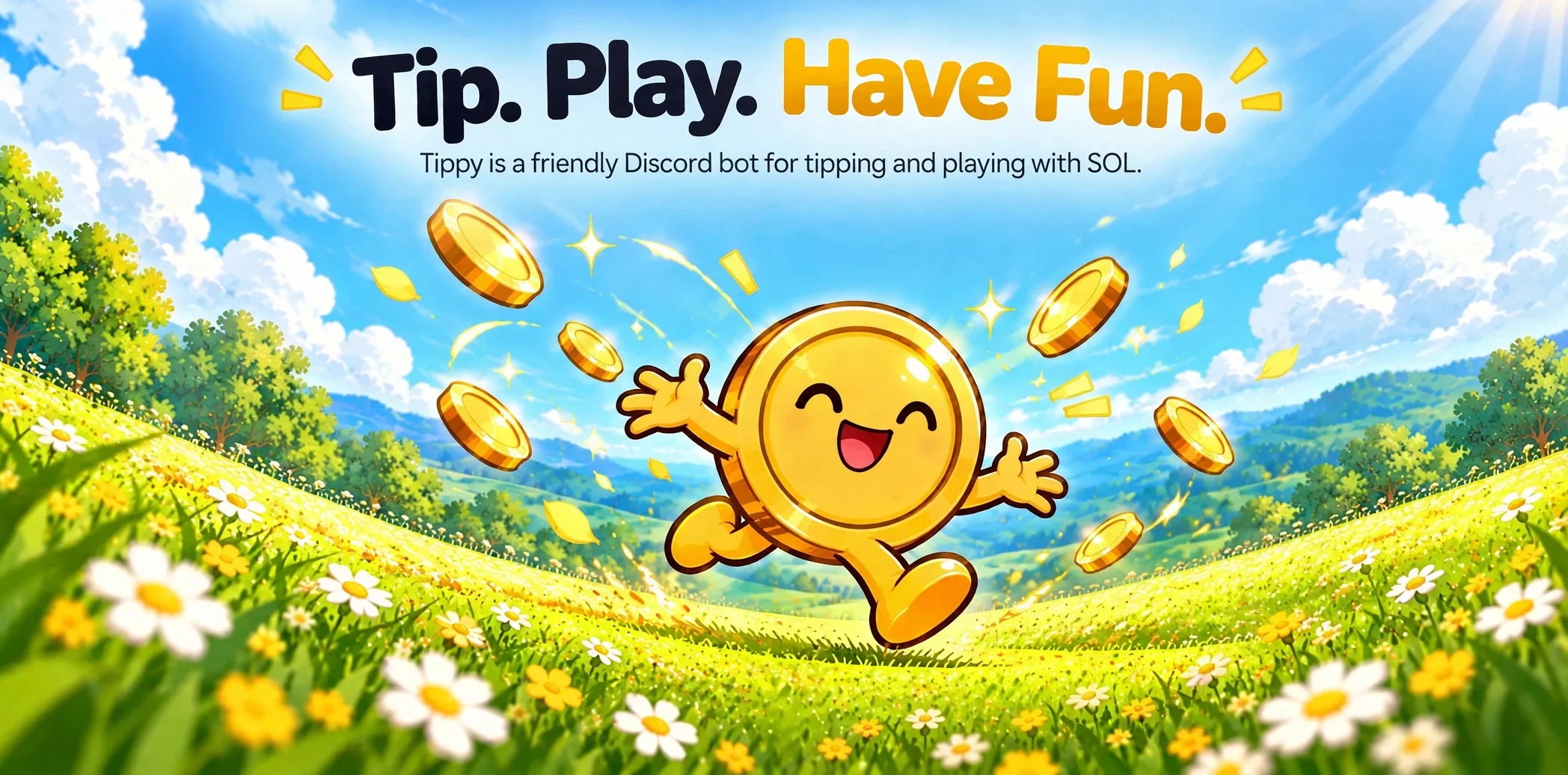 Tippy running through a sunny field tossing gold coins. Tip. Play. Have Fun.